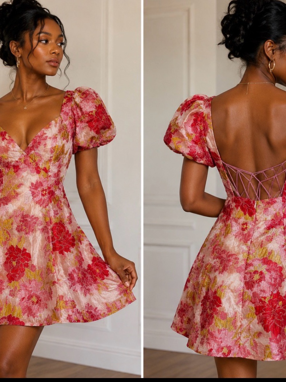 Size M Barbie core Floral brocade, Puff sleeve, Cottagecore Mini Coquette dress